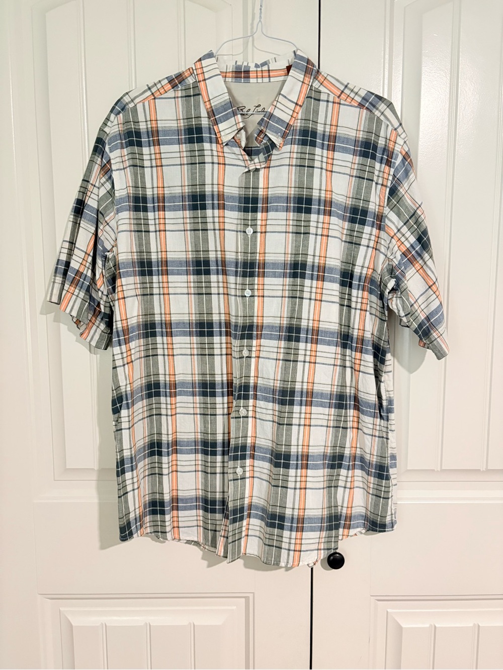 Men’s Linen/Cotton Short Sleeve Plaid Button-Down Shirt